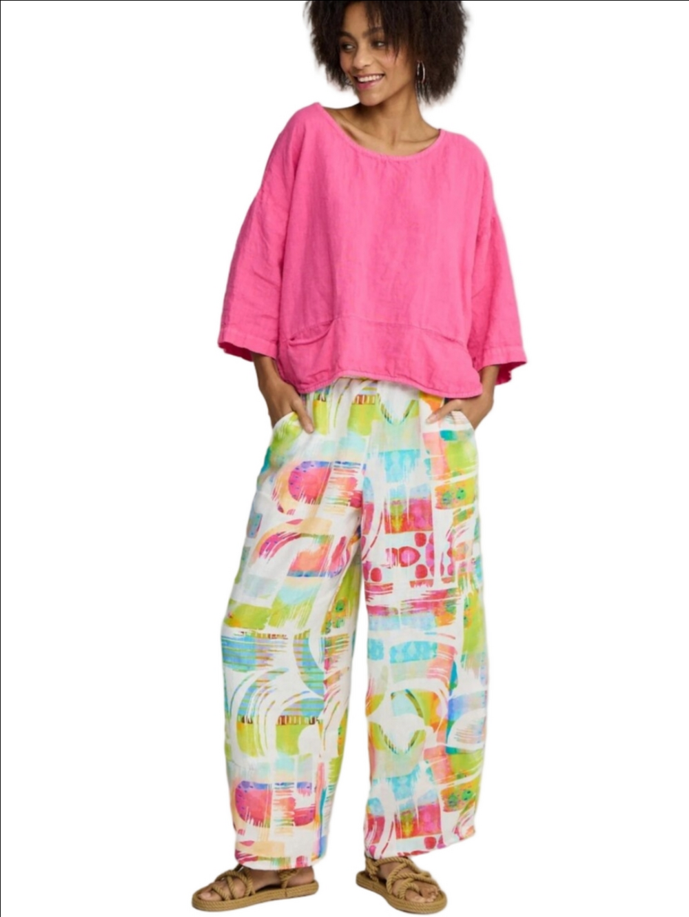 LUUKAA 100% Linen Multicolor Printed elastic waist barrel wide leg Pants